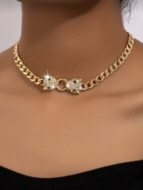 Gold Panther Head Cuban Link Necklace Rhinestone Statement Choker